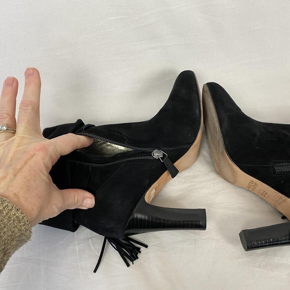 Johnston & Murphy Boots Womens 7.5 Black Suede Fringe Ankle Heel Booties Western - Picture 7 of 12